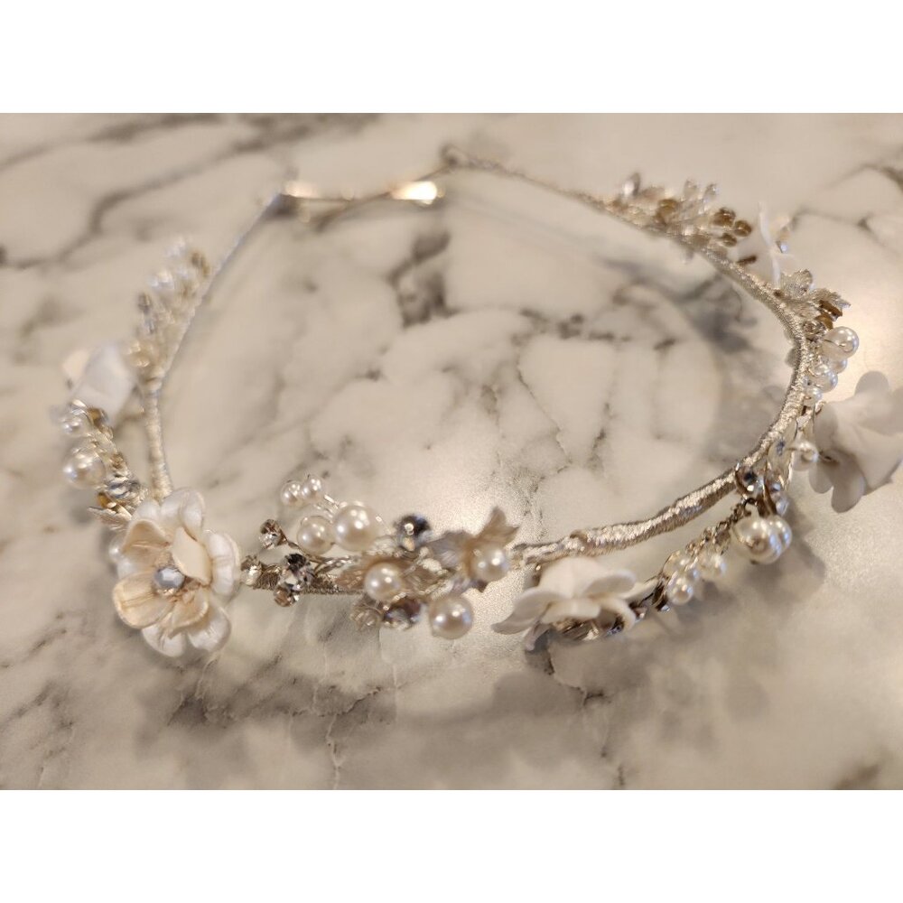 Floral Bridal Headband With White Artificial Flowers & Faux Pearls